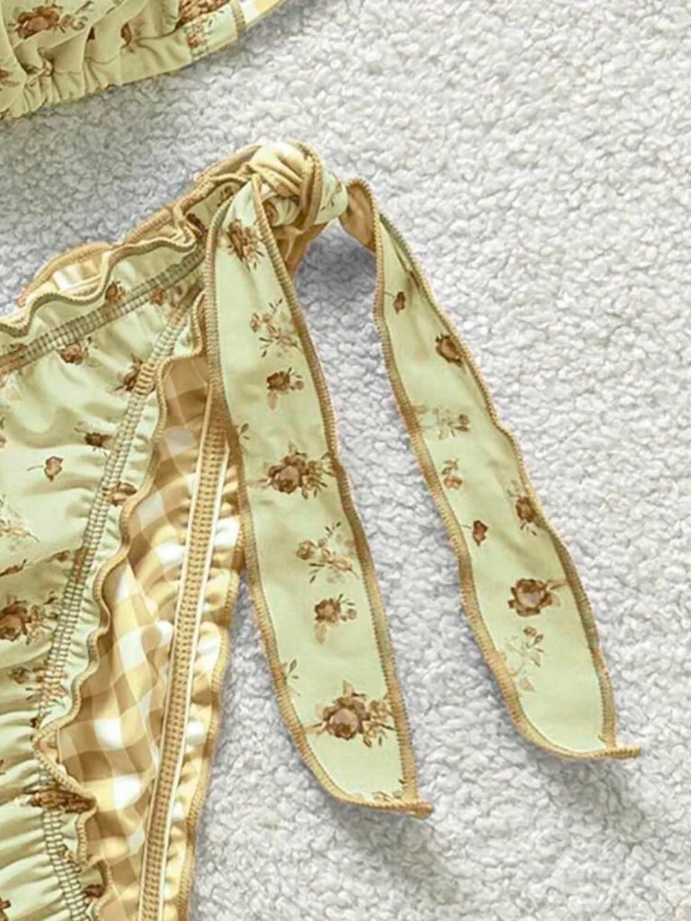 Brand New Ruffled Yellow & Brown Floral & Checkered Reversible Bikini Size M